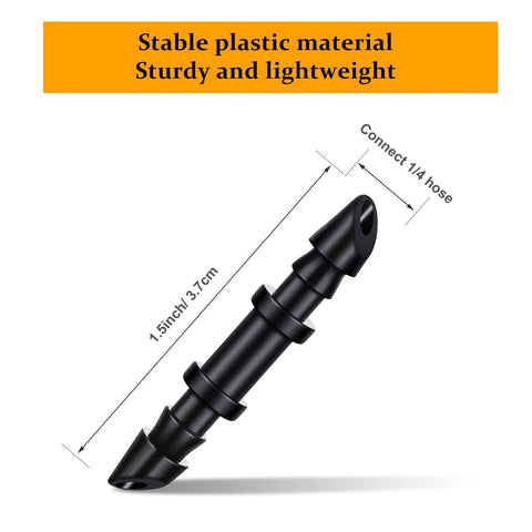 Black plastic barbed irrigation connector for 1/4 inch tubing, 1.5 inch long, drip irrigation fitting.