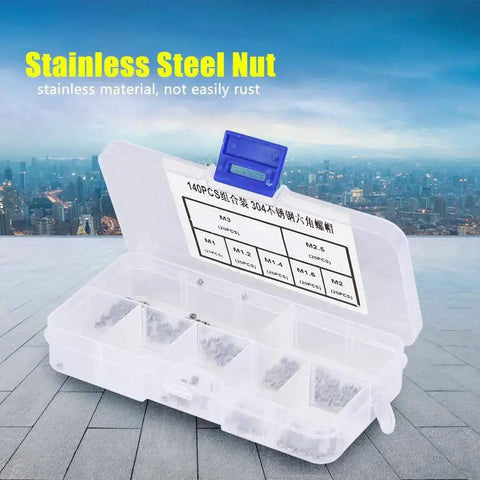 140 Piece Hex Nut Set In 304 Stainless Steel With M1 M1.2 M1.4 M1.6 M2 M2.5 M3 Sizes case opened