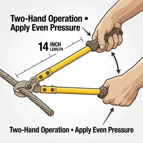 Heavy Duty 14 Inch Wire Cutter For 40 Gauge Cables With Forged Steel Blades Clean Copper And Aluminum Cuts Non Slip Grips For Battery And Welder Cables Building Wiring QWORK in use showing two-hand operation and measurement.