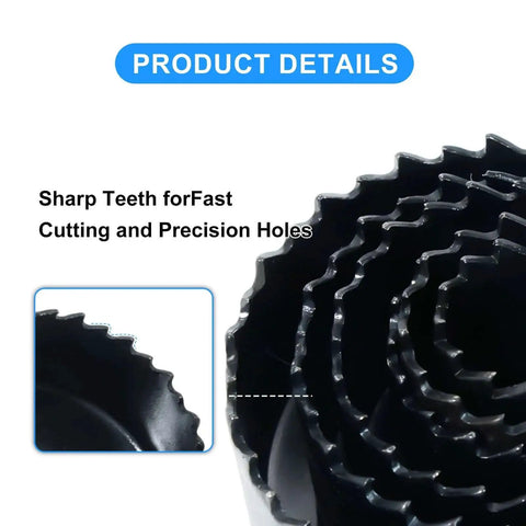 Close-up of sharp teeth on Pro Grade All-In-One Hole Saw Kit With 11 Pieces From 3/4 Inch To 2-1/2 Inch Blades for soft wood drilling