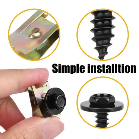 Complete Car Body Fasteners Kit With Screws Bolts Push Rivets And Clips For Under Cover Splash Shield Replacement Durable Plastic Retainer Clips U Nuts Body Bolts And Hardware Set For Easy DIY Car Repairs, showing installation of a U nut and bolt.