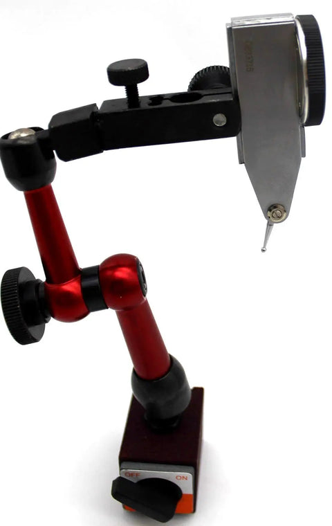 Mini Magnetic Base Indicator Holder With Fine Adjustment For Dial Indicators, 50 lb capacity, red arm, on off switch visible
