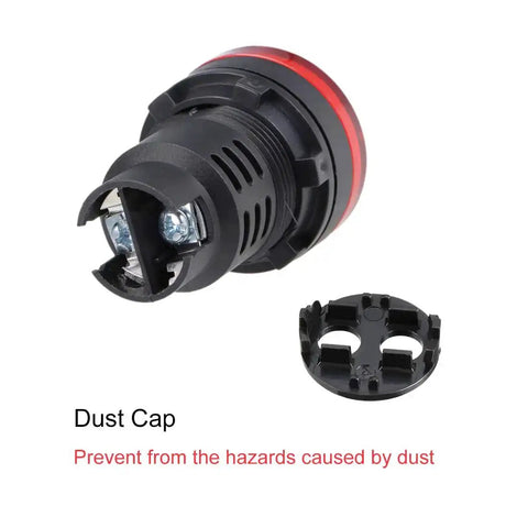 Back view of Red Indicator Light With Buzzer 24V AC DC Panel Mount 28mm with removable dust cap, showing components.