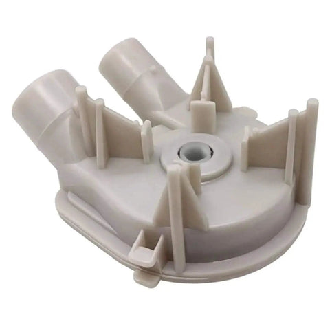 White plastic washer drain pump impeller with radial fins and central hub.
