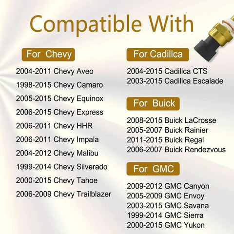 Compatibility chart for Engine Coolant Temperature Sensor Compatible With Chevy Cavalier Cobalt Equinox Express Silverado 1500 2500 HD 3500 GMC Sierra Pontiac G5 Saturn OEM Equivalent Replacement 12608814 2134333 15326388 19236568