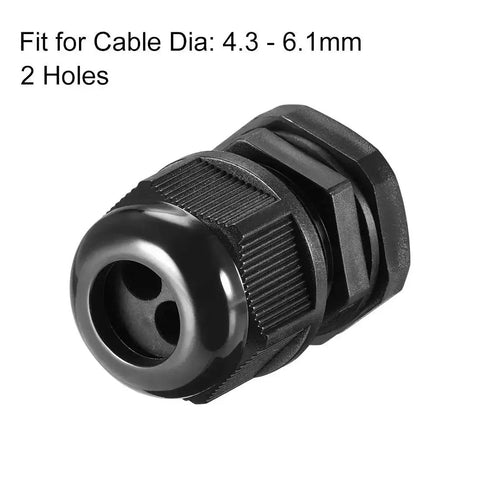 Two Hole PG16 Cable Gland Waterproof IP68 Nylon Joint With Adjustable Locknut For 4.3 To 6.1 mm Wires, black nylon, close-up view