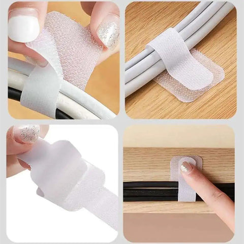 Heavy Duty Cable Organizer Kit For Desk And PC Setup Reusable Nylon Cable Ties With Hook And Loop Fasteners Keeps Data Cables Power Cords And Network Cables Neat And Cord Management Ready shown in use
