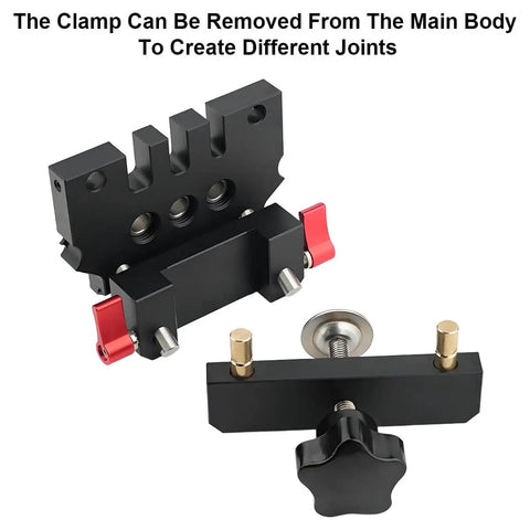 Self Centering Dowel Jig Kit For Woodworking Edge Corner And Surface Joints 6mm 8mm 10mm Dowel Pins With Aluminum CNC Machined Anodized Body Steel Bushings Stop Collars For Precise Drilling And Tight Fit Joints Pro Grade Build, showing removable clamp components.