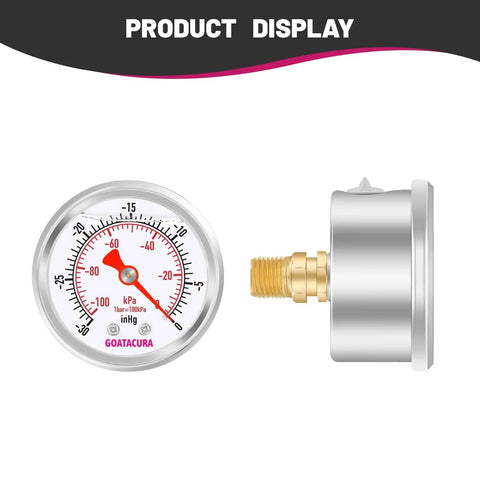 Glycerin Filled Vacuum Pressure Gauge For Pros 2 Inch Dial With 304 Stainless Steel Case And Quarter Inch NPT Center Back Mount Minus Thirty InHg To Zero kPa Range High Accuracy For Vacuum Pumps Tanks And Systems, front and side view of gauge
