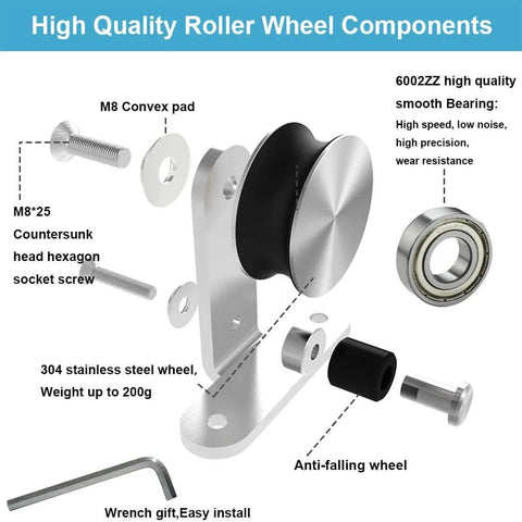 Components of 15Ft Stainless Steel Sliding Barn Door Track Kit Top Mount T Hanger Set, including roller wheel and screws.