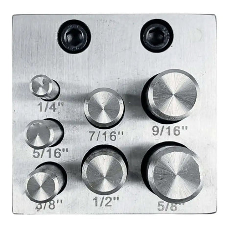 Top view of 7 Piece Circular Disc Cutter Set with Round Punches on Square Design, sizes 1/4 to 5/8 inch, heavy duty steel for metalworking