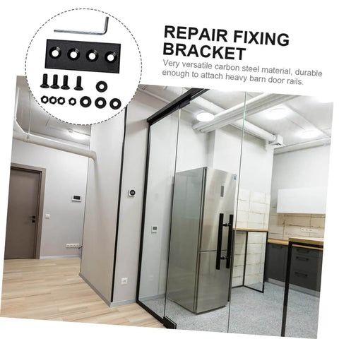 Repair fixing bracket set for barn door rails, carbon steel, shown with mounting hardware and hex key, indoor view.