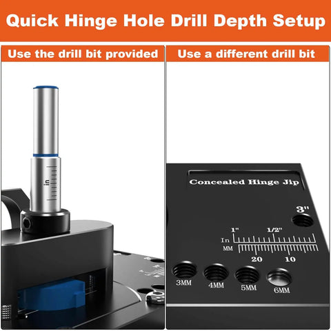 Concealed Hinge Jig With Quick Clamp And Dust Vacuum Adapter For 35mm Door Hinge Install displayed with measurement scale