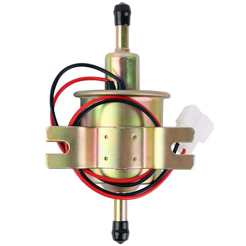 12V Inline Low-Pressure Fuel Pump Go-To Transfer Pump For Gasoline And Diesel Engines, front view with wires and connectors