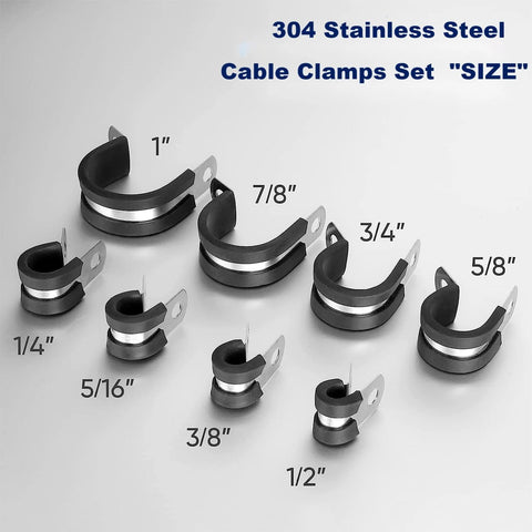 Cable clamp set, 68 pieces, 304 stainless steel with cushion, 8 sizes from 1/4 to 1 in, includes PP storage case
