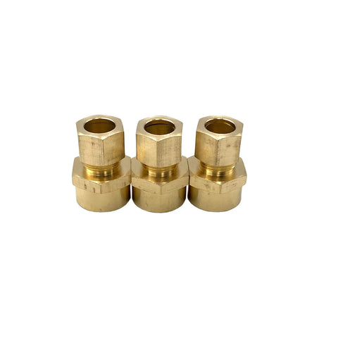 Three brass compression union connectors, 1/2 in tube OD to 1/2 in female NPT, for oil, gas, non-potable water.