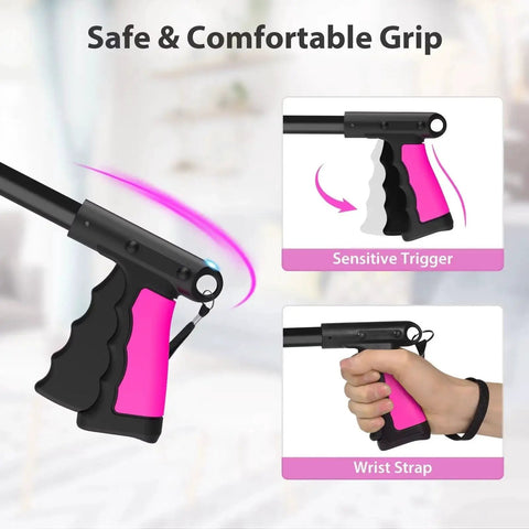 36 Inch Foldable Grabber Reacher Tool With 360 Degree Rotating Jaw And Two Magnets For Easy Trash And Small Item Pickup Lightweight Senior Friendly Long Reach Reacher For Outdoor Cleanup And Everyday Tasks Pink with close-up of grip and wrist strap
