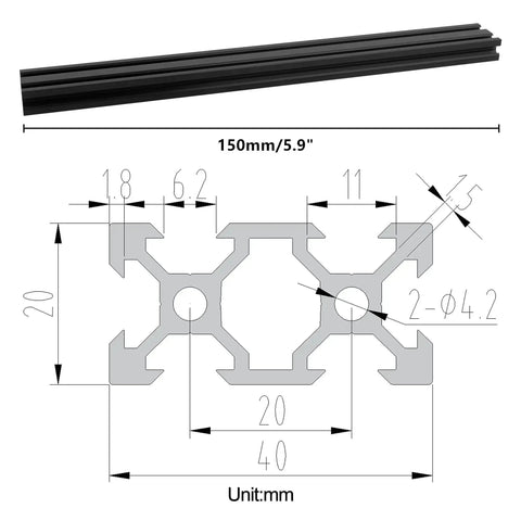 Beefy 2040 V Aluminum Extrusion Set 2 Pack 150mm V Slot European Standard Anodized Black Aluminum Profile Rail diagram shown