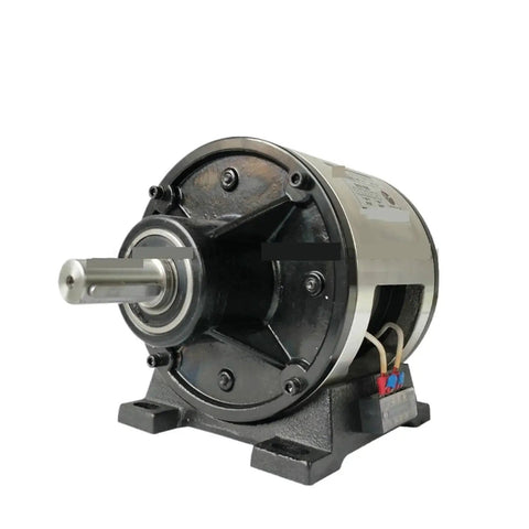Side view of magnetic powder brake/clutch assembly FMP-050, double-shaft with black housing and silver shaft