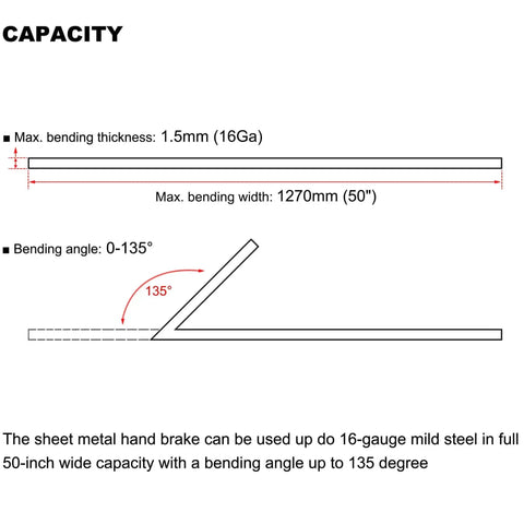 Diagram showing capacity of Box And Pan Style Metal Brake For 50 Inch Sheet Metal, 16 Gauge Capacity Up To 135 Degree Bends