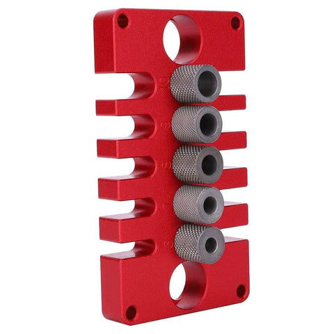 Red 3-In-1 Dowel Jig Drill Guide Block for Woodworking, Aluminum Alloy Hole Locator Delivers Precise Dowel Holes, Side View