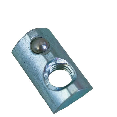 Close-up of Durable 1045 Steel Ball Spring T Nut Roll In with Zinc Finish, 1/4-20 Thread for 8mm T Slot, fits 15 & 40 Series Profiles, pack of 20.