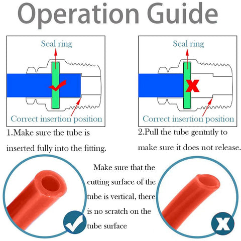 Jienk 2-pack push-to-connect pneumatic fittings, 3/8 x 3/8 tube OD; red tubing with installation guide diagrams.