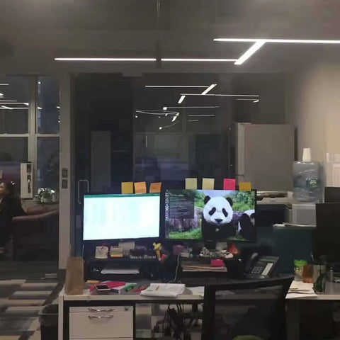 Office with dual monitors, one displaying a panda, with sleek integrated LED tube lighting in ceiling setup.