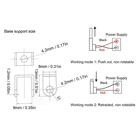 Mini 24V electric linear actuator with 30mm stroke; base mounting size diagram and push-out/retracted modes.