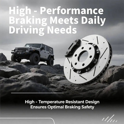 High-performance brake disc in rocky terrain with off-road vehicle in background, demonstrating durability and safety features.