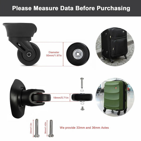 Set Of 8 Luggage Replacement Wheels With 50mm Rubber Swivel Casters For Suitcases And Travel Trolleys shown with dimensions and axles
