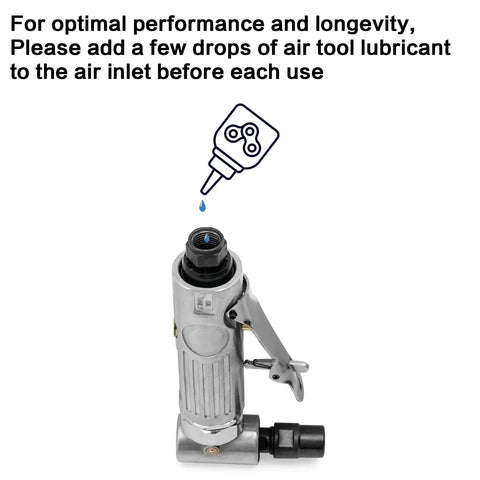 Right Angle Air Die Grinder Kit With Twenty Two Roll Lock Two Inch Sanding Discs And Quarter Inch Pneumatic Die Grinder Tool Mini Angle Grinder For Grinding Polishing Deburring In Tight Spaces Up To 20000 RPM And 90 Degree Head Design shown with air tool lubricant