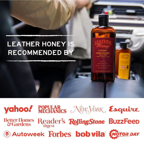Leather Conditioner For All Leather Items 8oz Non Toxic Made In USA bottle on car console with logos of media outlets endorsing it.