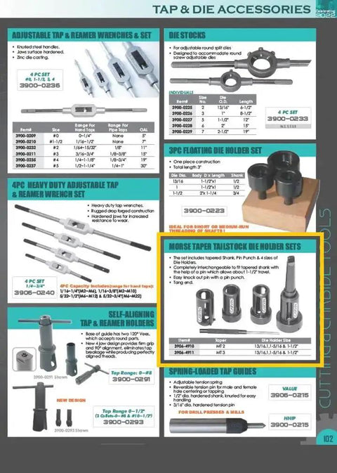 Catalog page showing various metalworking tools, including Tailstock Die Holder Set with MT3 Tapered Shank Includes Pin Punch And Four Die Holders.