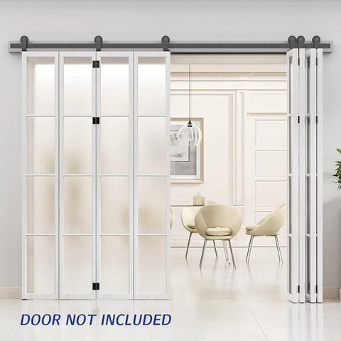 12 Foot Bi Folding Sliding Barn Door Hardware Track Kit for interior use installed with eight panels folding to sides.