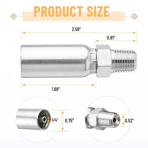 Heavy Duty 12 Pack Hydraulic Hose Fittings For One Quarter Inch Inner Diameter Hoses And One Quarter Inch NPTF Male Ends, dimensions shown