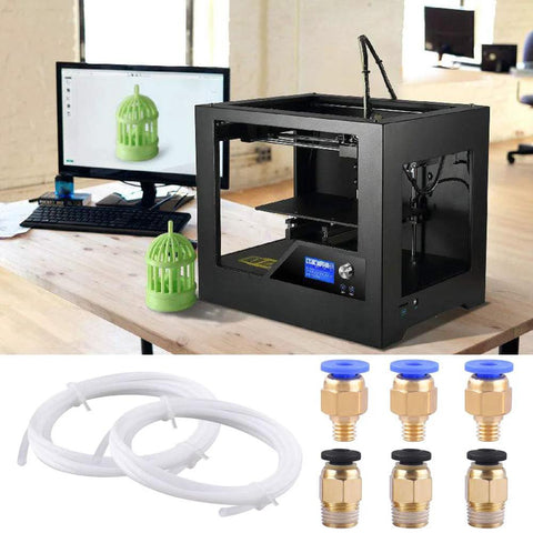SIQUK PTFE tubing kit for 3D printers: white 1 m tubing and six brass PC4 fittings (blue/black seals) beside a black 3D printer