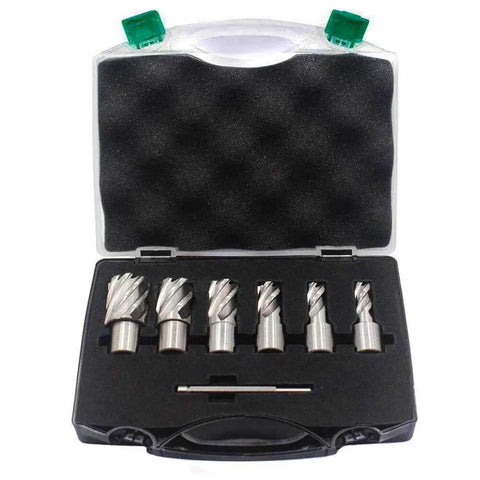 7 Piece Annular Cutter Set With Weldon Shank For Magnetic Drill Press Beefy Hole Cutter Kit in case, includes HSS Mag Drill Bits and Pilot Pin