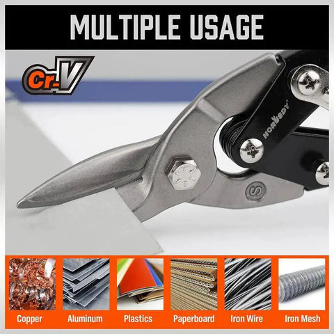 Close-up of 3 Pack 10 Inch Aviation Tin Snips Set cutting sheet metal, showcasing Chrome Vanadium Steel material for multiple usage.