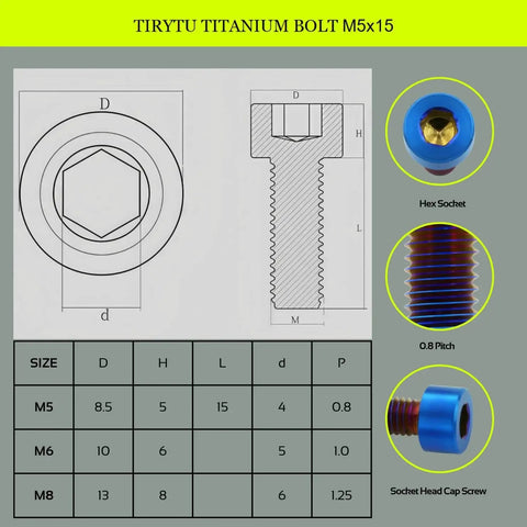 Diagram of Burnt Blue Titanium M5x15mm Hex Socket Screws For Bike Water Bottle Cage, 4 Pack TIRYTU with metric measurements.