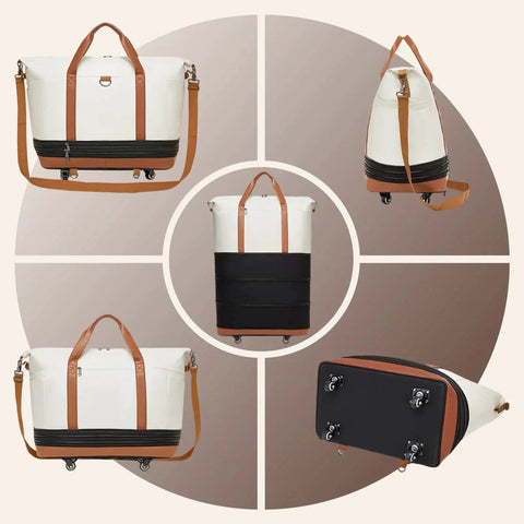 Expandable Travel Duffle Bag With Wheels That Grows From Compact To 130L showing multiple angles and features.