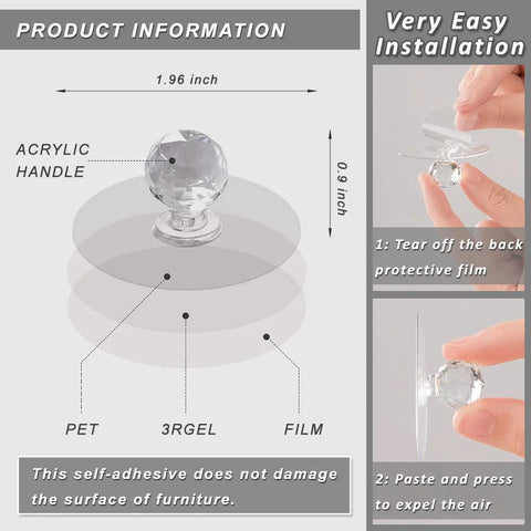Crystal Diamond Drawer Knobs Self Adhesive Clear Acrylic Pull Handles For Wardrobe Cabinets Cupboards Kitchen Bathroom Dresser And Furniture Doors And Windows Drill Free Installation No Tools Required Push Pull 2 Pack installation steps