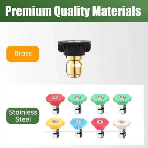 Versatile 9 Pack Pressure Washer Nozzle Tips Set With Quick Connect One Quarter Inch Fit Includes 0 Degree 15 Degree 25 Degree 40 Degree Soap Rinse Turbo Fan And Angled Tips For 4000 PSI And 2.5 GPM Great For Cars Patios Driveways Weekend Warriors. Image shows brass and stainless steel pressure washer nozzle tips, highlighting premium materials.