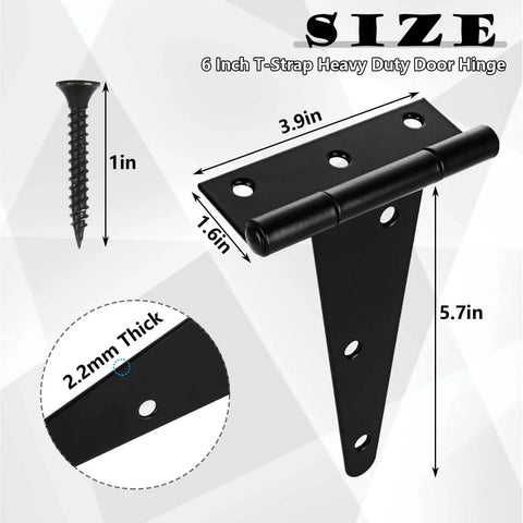 Six Pack 6 Inch T Strap Heavy Duty Gate Hinges For Barn Doors Fences Sheds And Wooden Gates Black Rustproof Tee Hinge Hardware With 36 Screws Ideal For Outdoor Gates Fences Barn Doors Cabinets And Wood Gate Projects showing size dimensions and screw
