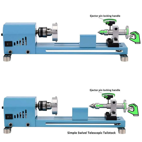 Side view of Mini Wood Lathe Machine For DIY Projects showing ejector pin locking handle and swivel telescopic tailstock.