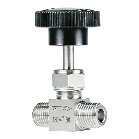 Needle valve, stainless steel 304, black knurled knob, 1/4 inch NPT male ends.