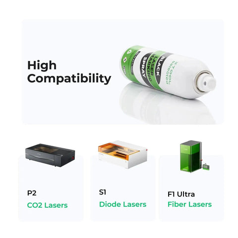 High Contrast Black Laser Marking Spray for CO2, Fiber and Diode Laser Engravers, 8.5 Oz, 1 Count shown beside compatible lasers.