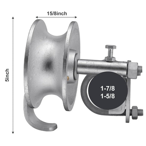Side view of a Five Inch Galvanized Steel Pipe Track Wheel for Chain Link Sliding Gates with U bolt hardware for 1-7/8" and 1-5/8" frames.