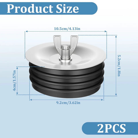 2 Pack 4 Inch Mechanical Test Plug End Of Pipe Gripper Cleanout Cover for Drain Sewer Floor Drain Outdoor With Wing Nut And Galvanized Screw Premium Rubber And Stainless Steel Construction Includes Complete Installation Kit, showing product size