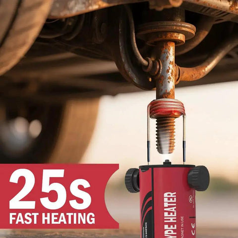 Solary induction heater bolt removal tool; red handheld unit clamped to a rusty bolt under a vehicle.
